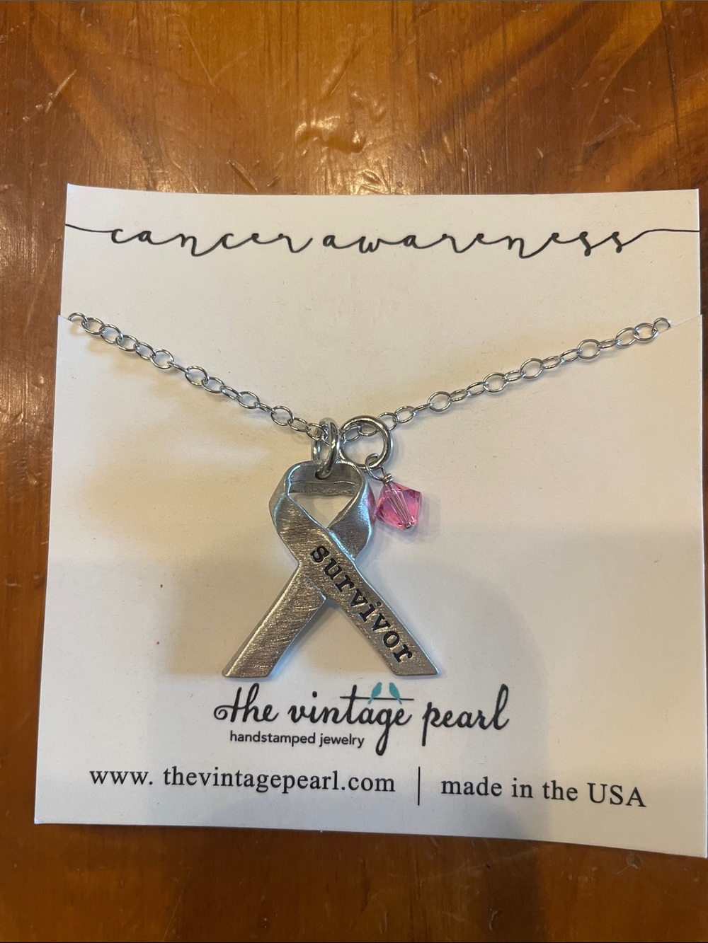 The Vintage Pearl Pink Survivor Ribbon Necklace